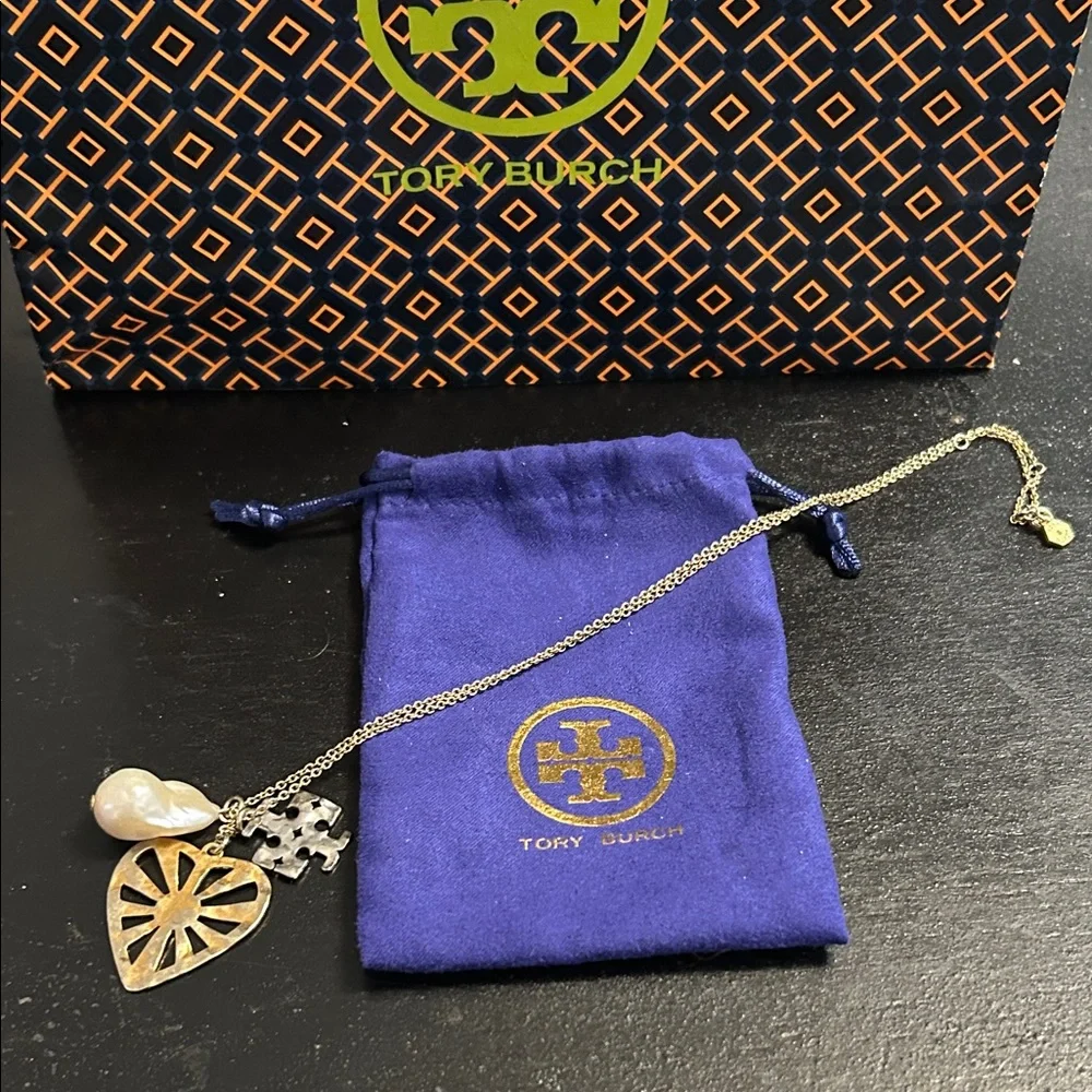 Tory Burch Gold and Pearl Charm Necklace